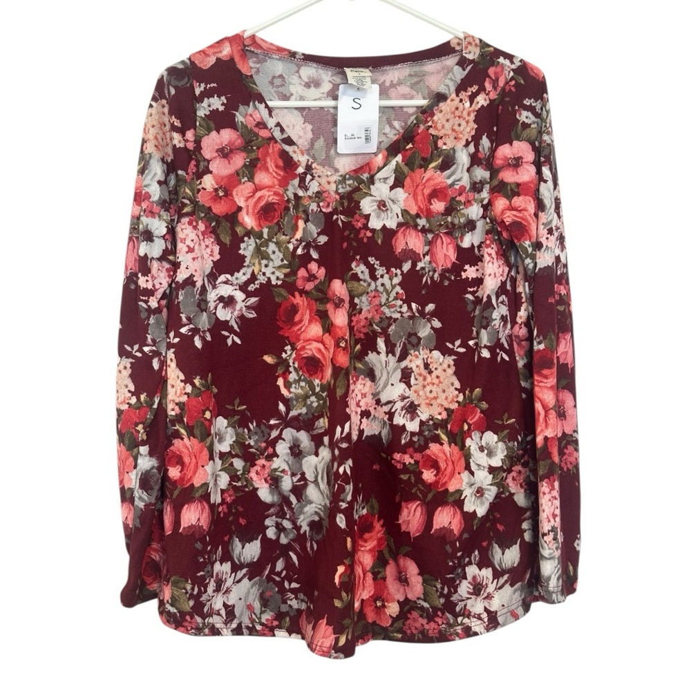 Sew In Love Burgundy Floral V-Neck Long Sleeve Top | Size Small | NWT